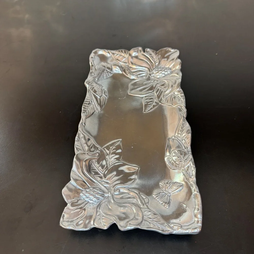 Arthur Court Magnolia Bird Butterfly Tray 9.5x5.5 Silver Aluminum Floral 2000